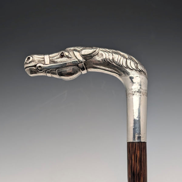 英国アンティーク ブラウンシャフト 純銀製ホースヘッドハンドル ステッキ 杖 92cm Emma Blumenstein